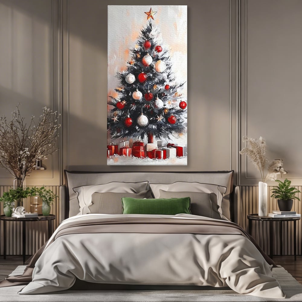 Tablou canvas cu tablou canvas cu brad de craciun pictat, fara rama, pe sasiu de lemn, pe perete intr-un dormitor